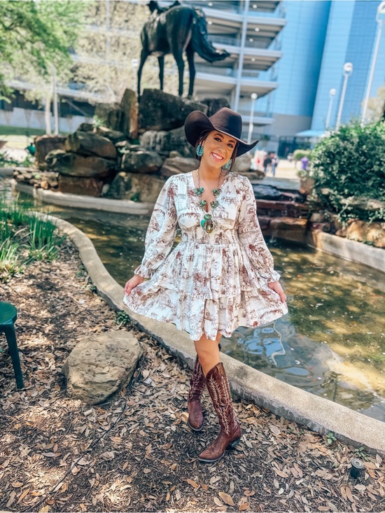 Dresses & Skirts - Women’s dress  Cream & Brown Printed long sleeve ruffle dress
